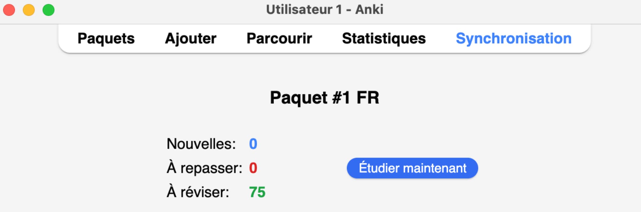 Interface d'Anki affichant le paquet de cartes « Paquet #1 FR ».