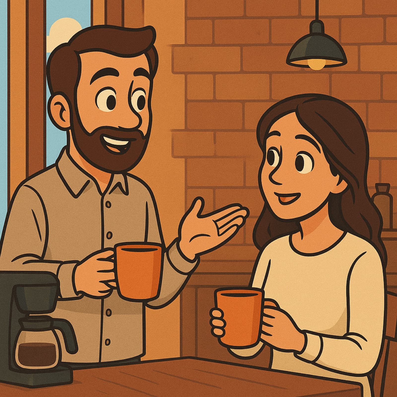 Deux personnes discutent autour d'un café : la scène illustre « un autre, une autre », une chose différente et indéfinie.