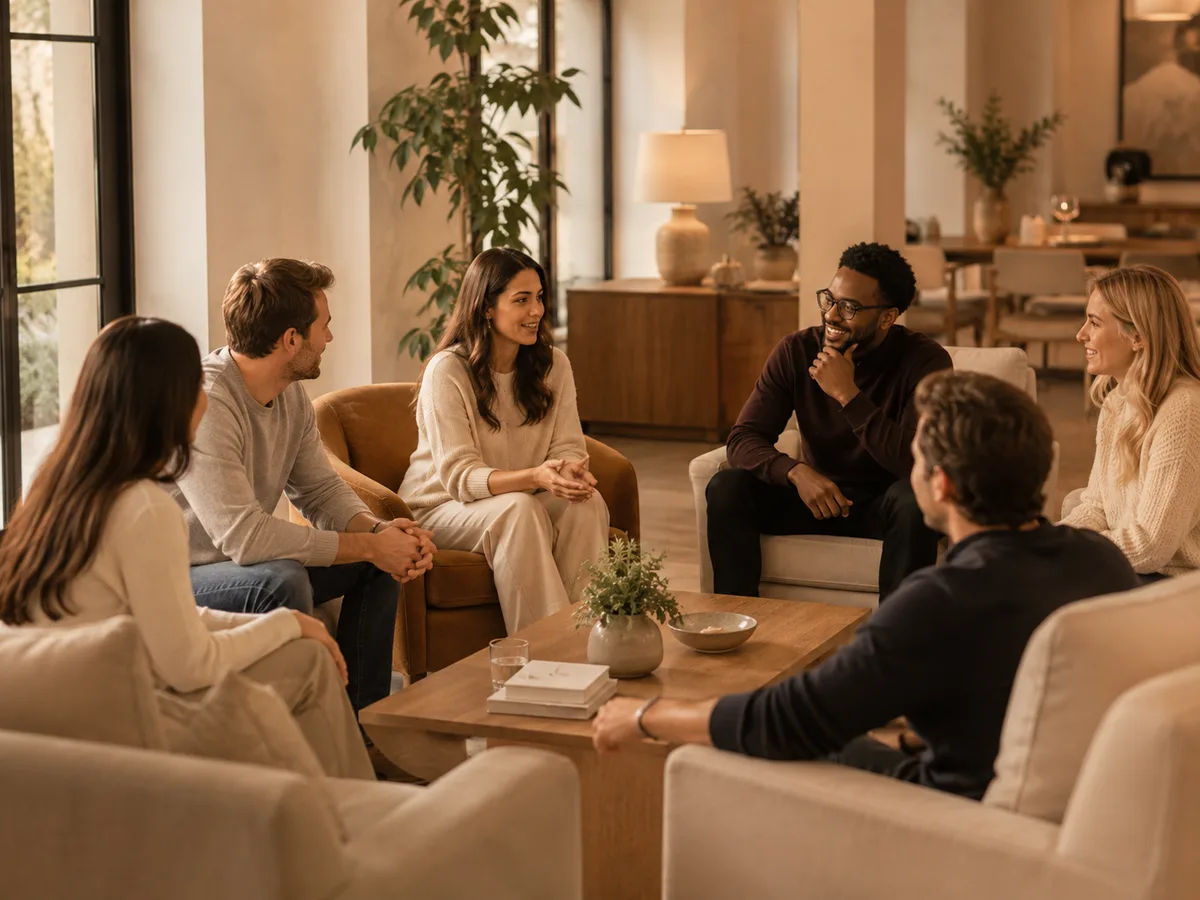 A club session: six people in conversation on sofas.