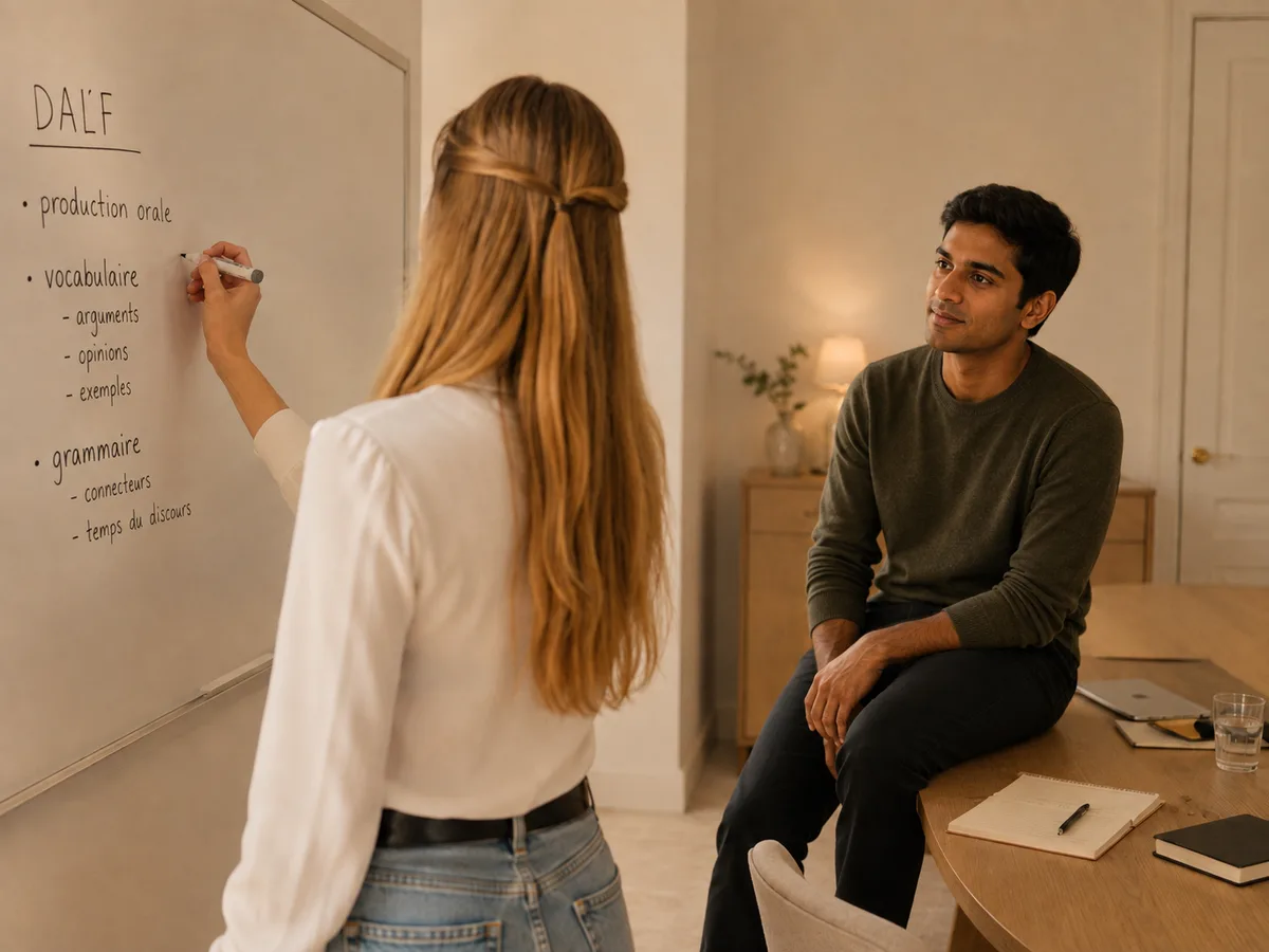 An exam preparation session: the DALF paper outline on the whiteboard.