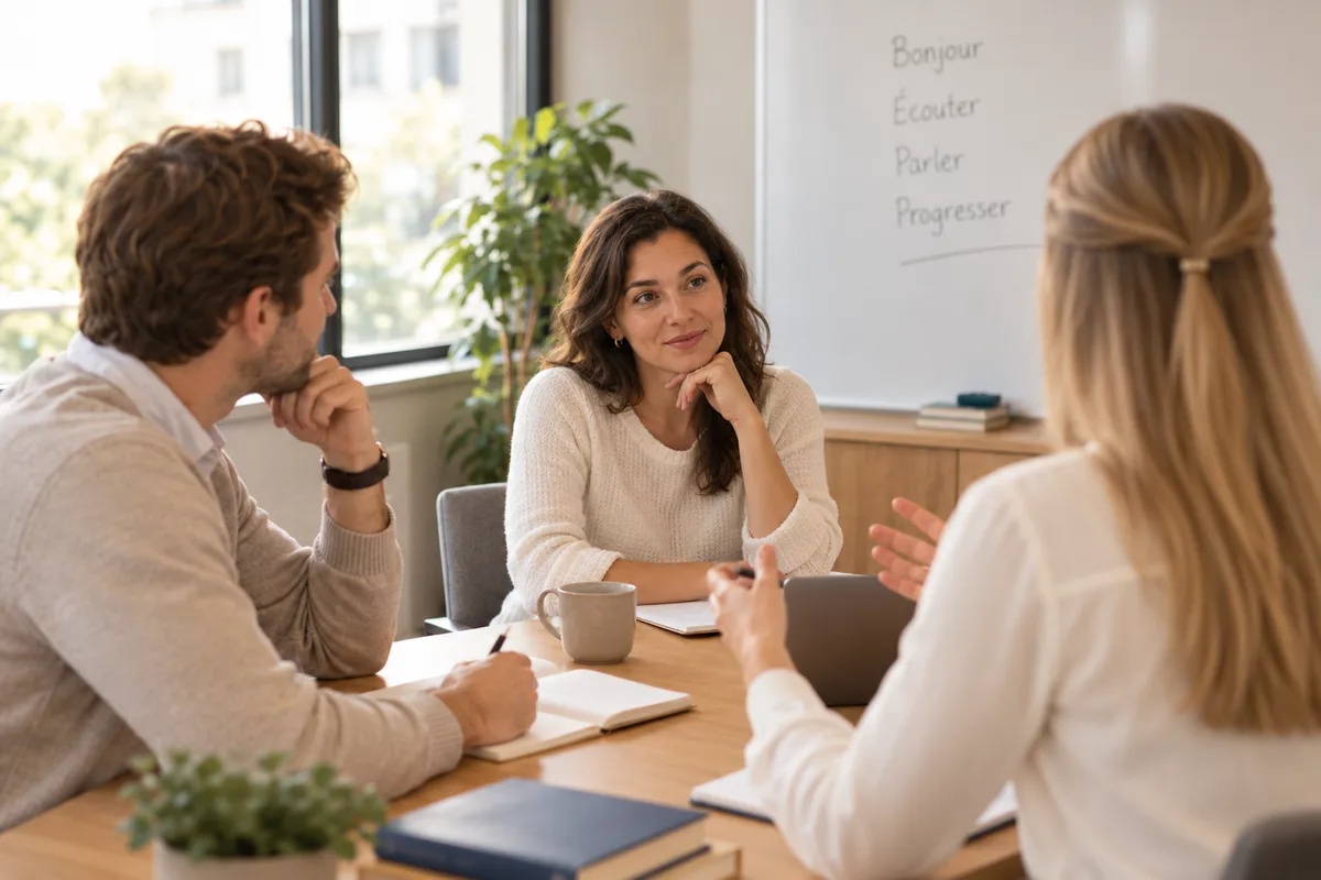 Three employees around a table in a French lesson, in front of a board with a few words written on it.