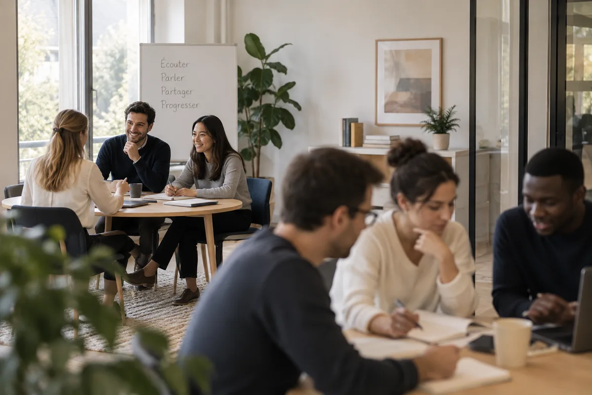 Two groups of employees working separately in the same space, each around its own table.
