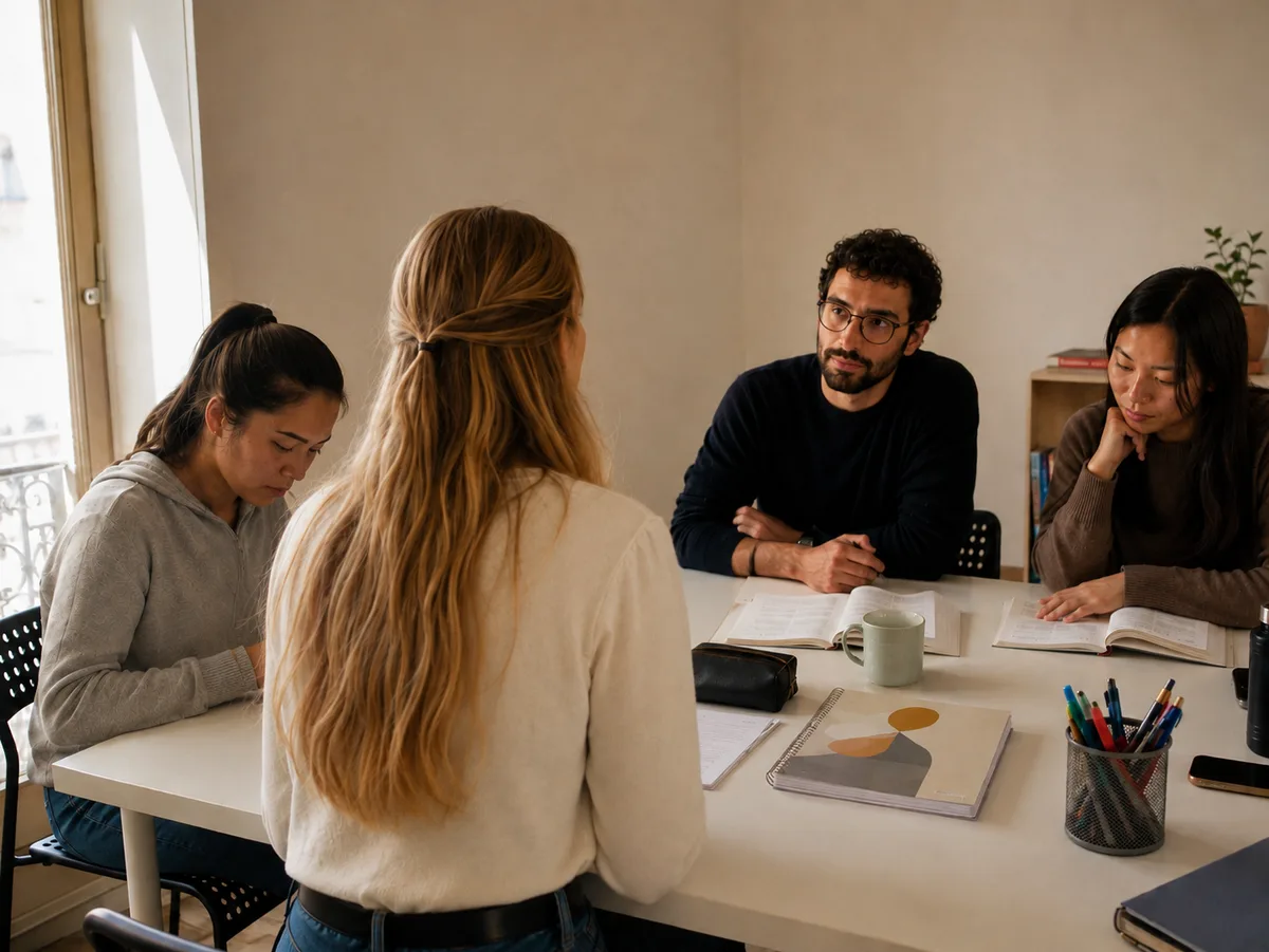 A small-group lesson around a table: three students, open notebooks and annotated texts.