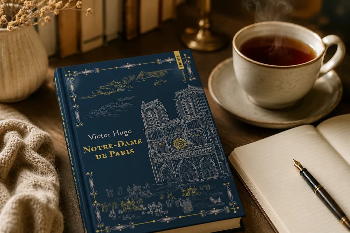Victor Hugo’s Notre-Dame de Paris on a desk, next to a cup of tea and an open notebook.
