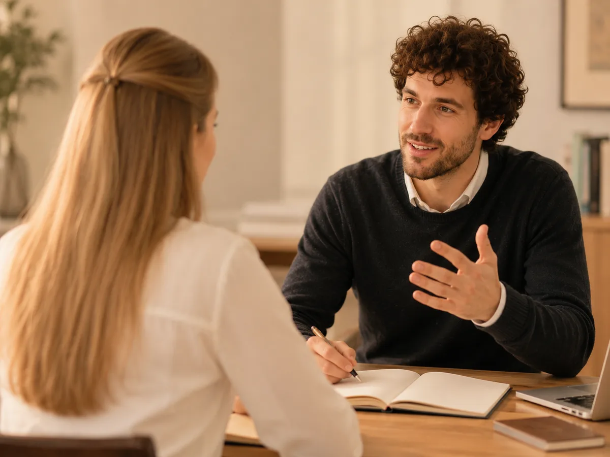 A one-to-one lesson at a table: two people in conversation, notebook open.