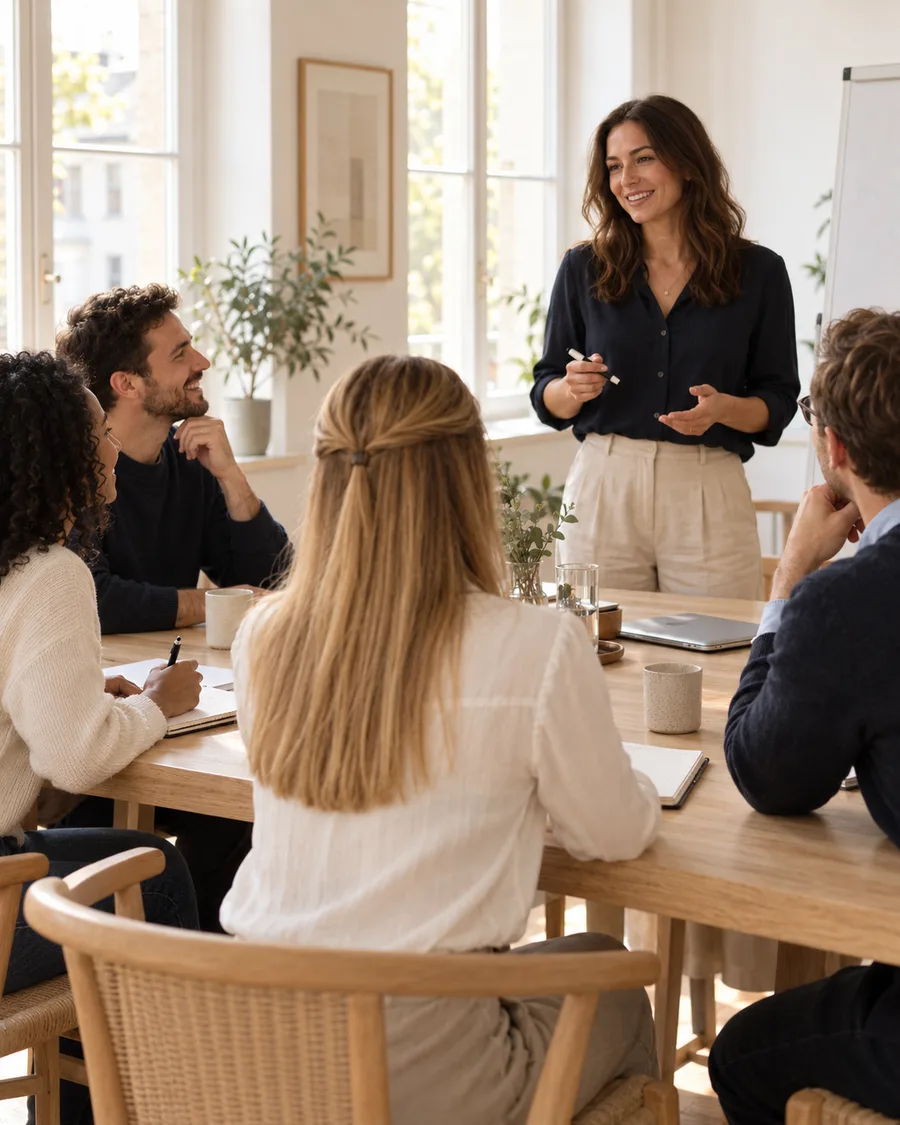 Five adults around a large light-wood table in a bright room; the teacher speaks standing at the end of the table.