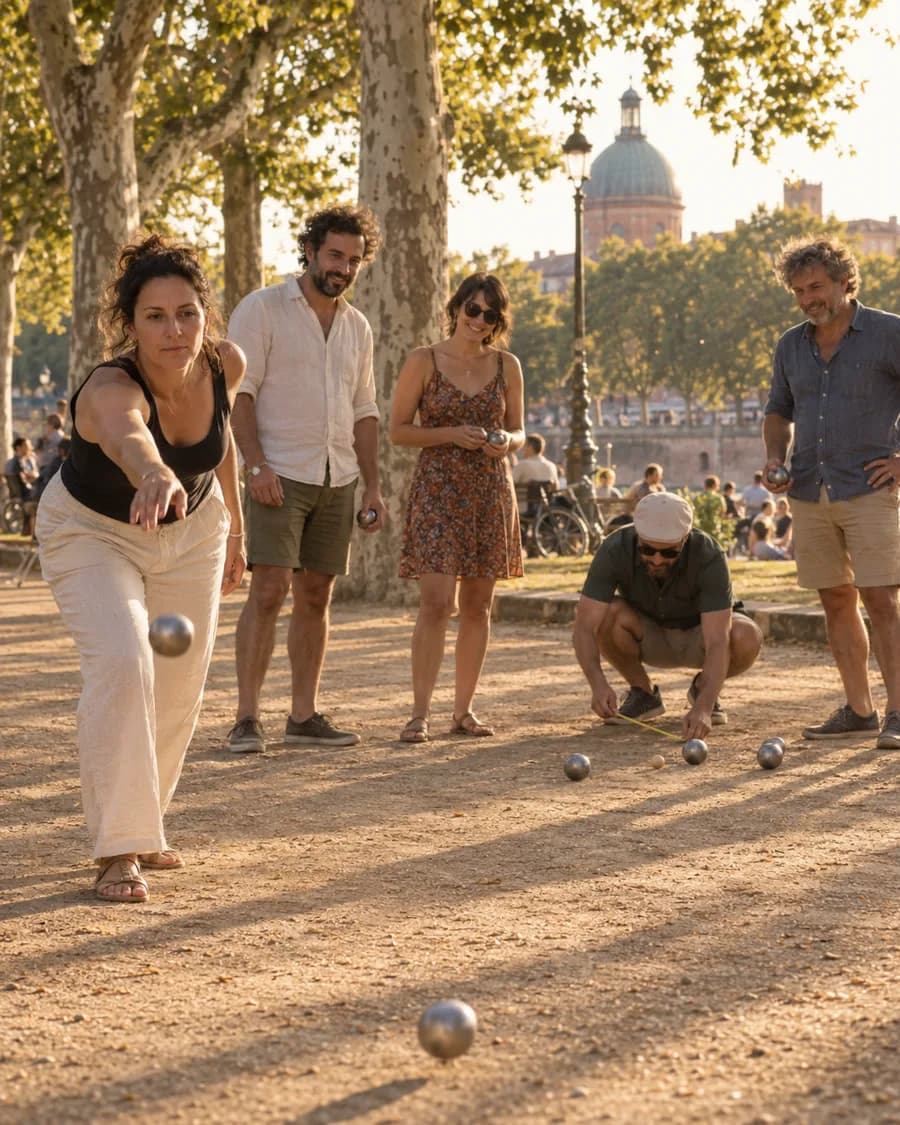 A game of pétanque under the plane trees late in the afternoon, a player throwing her boule, the dome of la Grave in the distance.