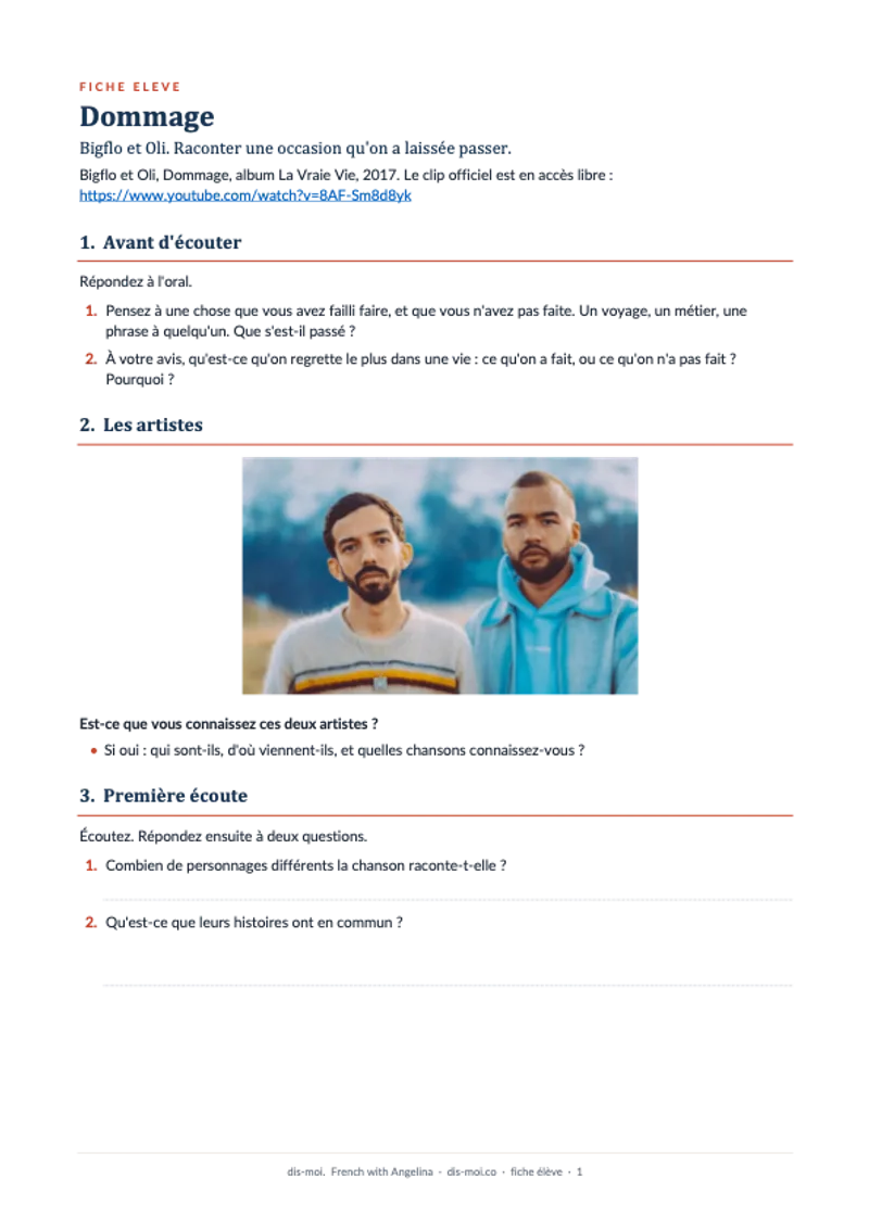 La première page de la fiche élève : le titre, le lien du clip et les questions d'avant l'écoute.