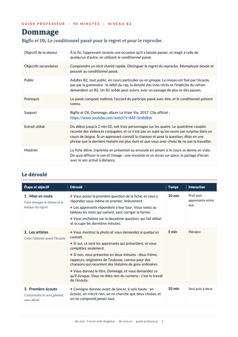 La première page du guide professeur : l'objectif, le public, les prérequis et le support.