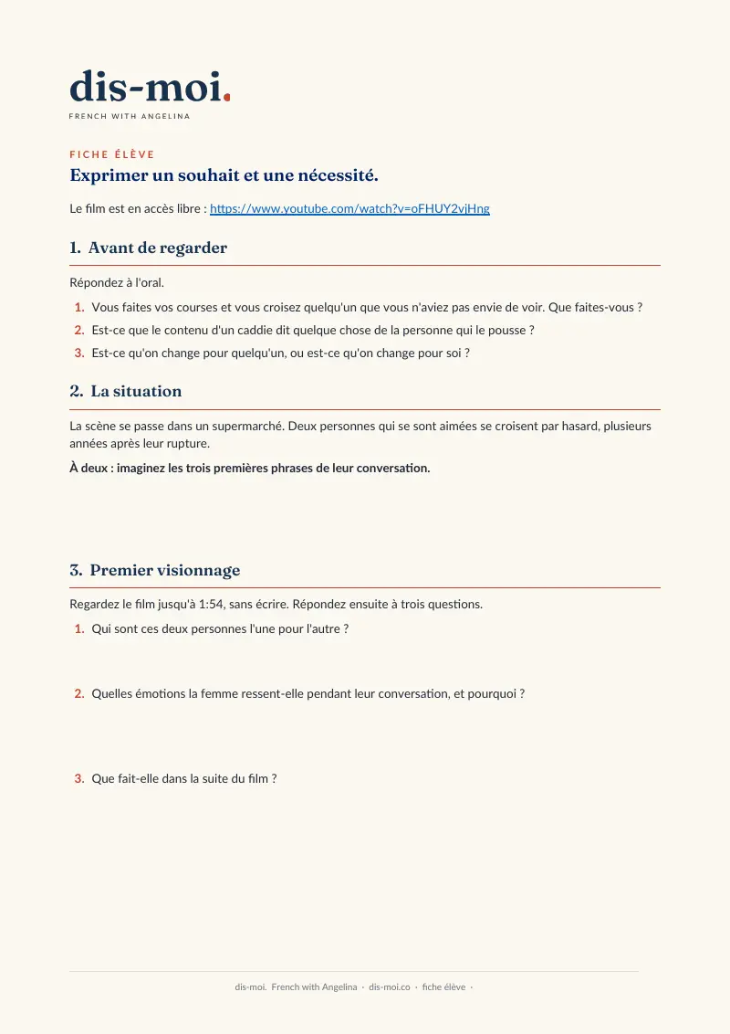 La primera página de la ficha del alumno: el enlace de la película, las preguntas previas al visionado y la situación.