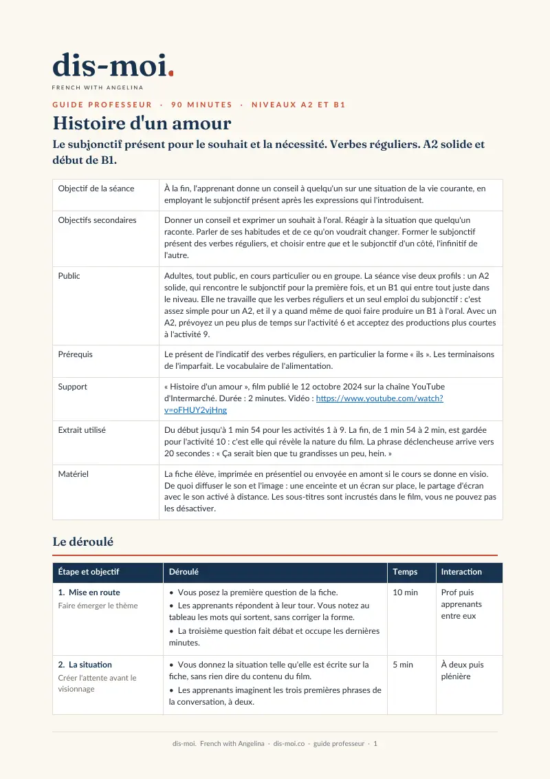 La primera página de la guía del profesor: el objetivo, el público, el soporte y el inicio del desarrollo.